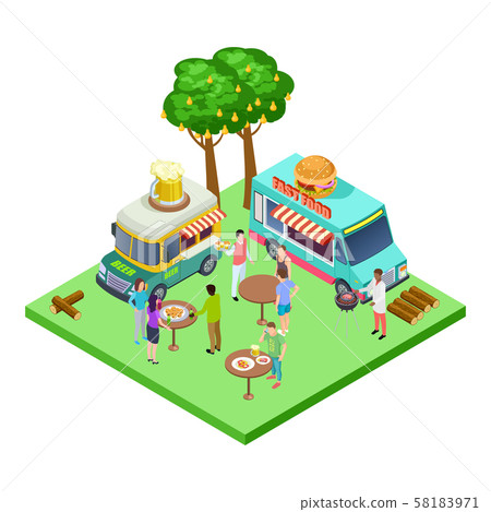 Summer street cafe, bbq party, picnic in the park isometric vector location 58183971