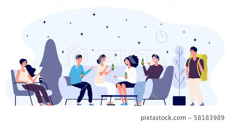 Hostel lounge concept. Happy young people flat characters, tourist. Lounge room vector illustration 58183989