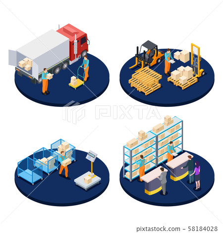 Delivery isometric. Logistic, distribution warehouse, parcel delivery isometric vector concepts 58184028