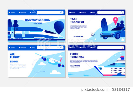 Transportation vector banners. Ferry terminal, air flight, taxi, railway station landing page Transportation vector banners. Ferry terminal, air flight, taxi, railway station landing page 58184317