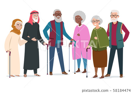 International happy old people. Elderly afroamericans, muslims and caucasians vector illustration International happy old people. Elderly afroamericans, muslims and caucasians vector illustration 58184474