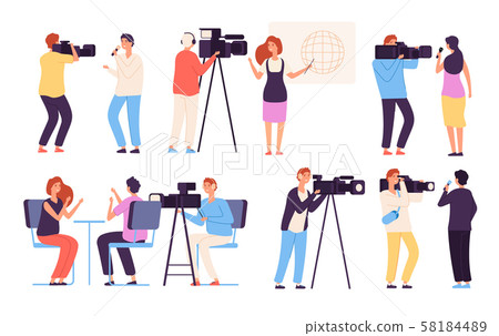 Journalist characters. Broadcaster news journalists director broadcasting camera crew cameraman 58184489