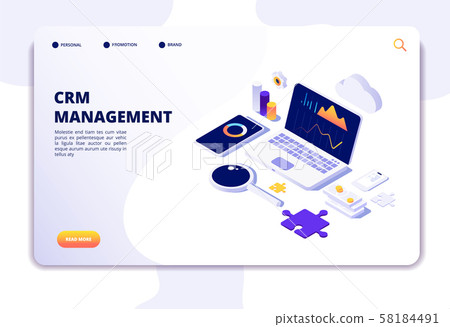 Crm concept. Customer relationship management. Database web system solution. Isometric landing page 58184491