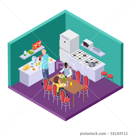 Shared kitchen in an international hostel isometric vector location Shared kitchen in an international hostel isometric vector location 58184512