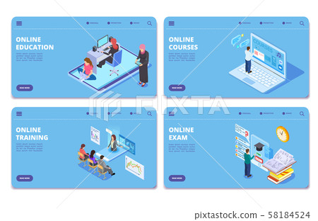 Online education isometric vector concept pages. Online exam, training, courses landing page set 58184524