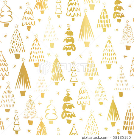 Gold foil metallic Christmas trees on white seamless vector pattern. Modern golden abstract doodle Gold foil metallic Christmas trees on white seamless vector pattern. Modern golden abstract doodle 58185190