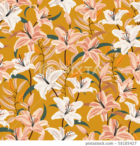 Lily flower seamless pattern on yellow background, 58185427