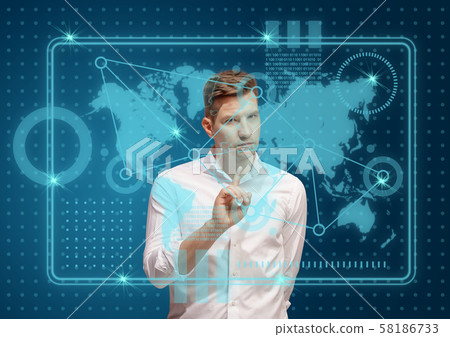 Young caucasian man's touching virtual reality in neon light 58186733
