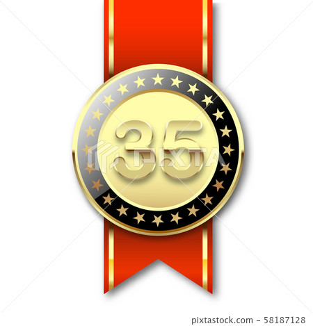 Gold medal with date 35 and red ribbon Gold medal with date 35 and red ribbon 58187128