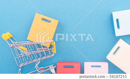 Shopping anniversary flat blue background Shopping Cart flat lay shopping Shopping anniversary flat blue background Shopping Cart flat lay shopping 58187251
