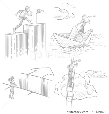 Sketch style business people in search of solutions, career success, new ideas vector concept 58189820