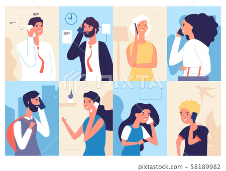 People talking phone. Men and women calling by telephone. Communication and conversation with 58189982