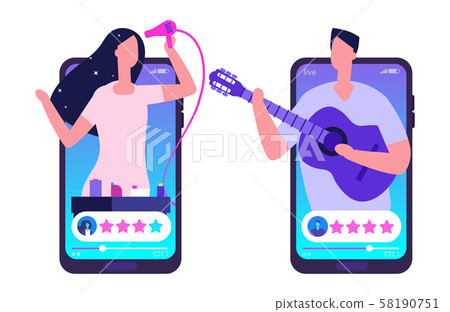 Streaming, blogging vector app. Beauty and musician bloggers online video illustration 58190751