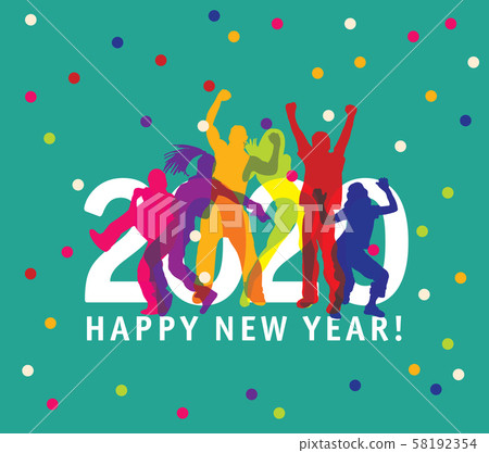 New year card 2020 symbol young group happy people color silhouette 58192354