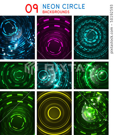 Abstract neon light circles backgrounds, glowing cyber round shapes templates 58192593