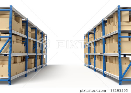 3d rendering of two silver blue metal racks with cardboard boxes 3d rendering of two silver blue metal racks with cardboard boxes 58195395