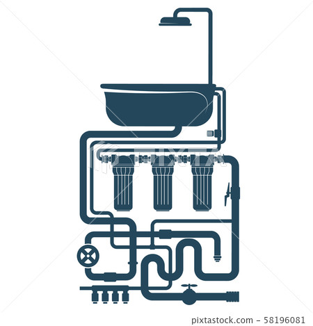 Bathroom with shower and plumbing system Bathroom with shower and plumbing system 58196081