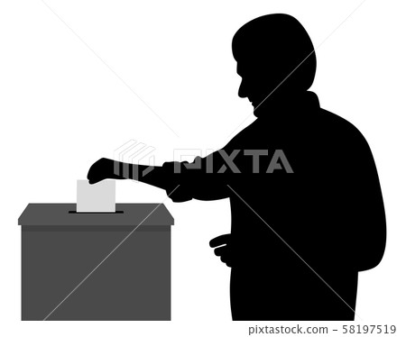 Man voter putting ballot voting paper in blank ballot box 58197519