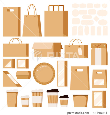 Set of empty kraft brown blank cardboard paper bags for in-store purchases, packaging for food and 58198081