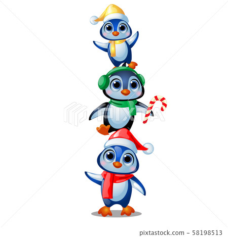 Cute penguins in Christmas costumes isolated on white background. Sample of poster, party holiday Cute penguins in Christmas costumes isolated on white background. Sample of poster, party holiday 58198513