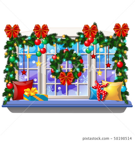 Cozy interior home window with decoraions and baubles isolated on white background. Sample of Cozy interior home window with decoraions and baubles isolated on white background. Sample of 58198514