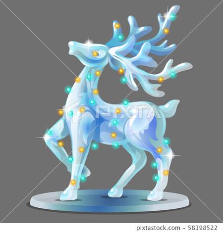 Ice figurine form of a deer decorated with glowing garland isolated on grey background. Sample of Ice figurine form of a deer decorated with glowing garland isolated on grey background. Sample of 58198522
