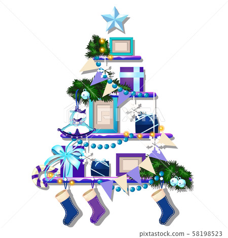 Stylized shelf with Christmas decorations, cute baubles isolated on white background. Sample of Stylized shelf with Christmas decorations, cute baubles isolated on white background. Sample of 58198523