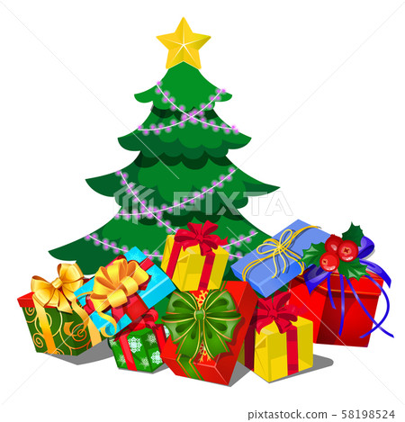 Christmas tree with decorations, gift boxes, baubles, ribbon bow isolated on white background Christmas tree with decorations, gift boxes, baubles, ribbon bow isolated on white background 58198524
