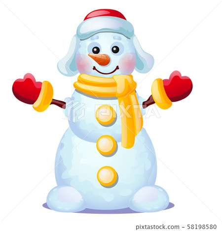 Cute snowman smiles isolated on a white background. Sketch of Christmas festive poster, party Cute snowman smiles isolated on a white background. Sketch of Christmas festive poster, party 58198580