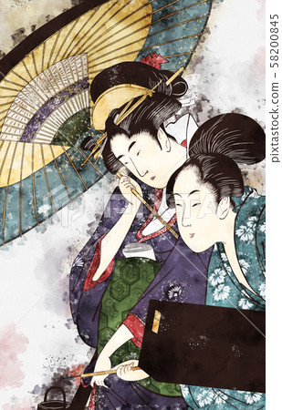 Watercolor with a geisha and a shamisen box in the rain at night 58200845