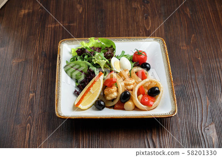 Seafood with greens and vegetables . catering menu Seafood with greens and vegetables . catering menu 58201330