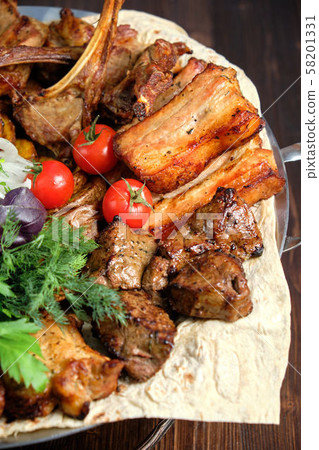 BBQ on pita bread. restaurant menu BBQ on pita bread. restaurant menu 58201331