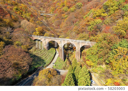 Aerial view of autumn leaves, scenery of Megane bridge in Gunma prefecture, autumn 58203003