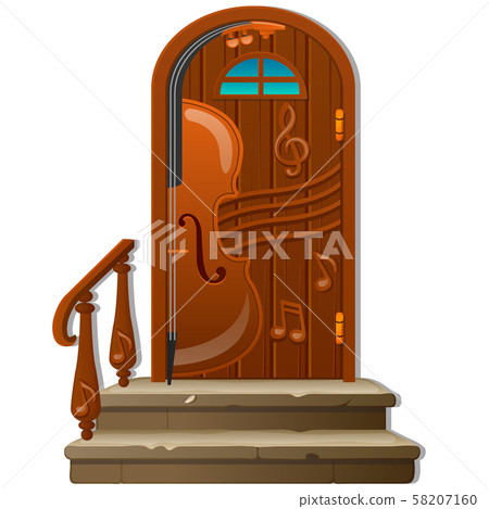 Old wooden door with porch and handrail isolated on white background. Sketch of festive poster Old wooden door with porch and handrail isolated on white background. Sketch of festive poster 58207160