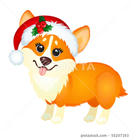 Cute little yellow dog with cap of Santa Claus teasing tongue isolated on white background. Sketch Cute little yellow dog with cap of Santa Claus teasing tongue isolated on white background. Sketch 58207163