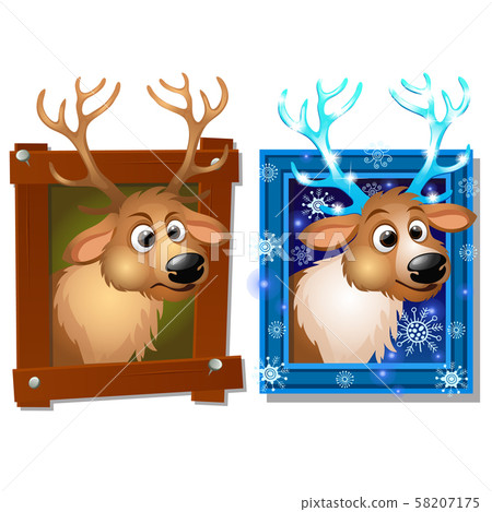 Wall-mounted picture in a wooden frame with deer isolated on a white background. Sketch of Christmas 58207175