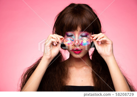 Fashion Model Woman wear Kaleidoscope Glasses Fashion Model Woman wear Kaleidoscope Glasses 58208729
