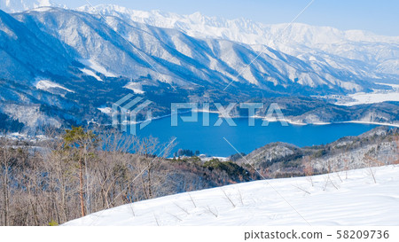 Lake Aoki and the Northern Alps viewed from Omachi City 58209736