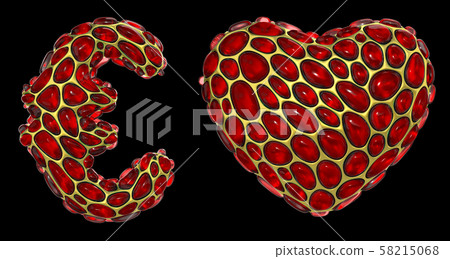 Symbol collection euro, heart made of 3d render red diamond. Symbol collection euro, heart made of 3d render red diamond. 58215068