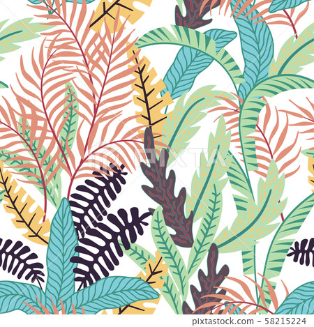 Cartoon tropical leaves seamless white background Cartoon tropical leaves seamless white background 58215224