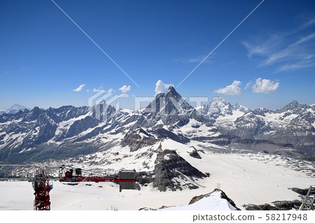 Matterhorn and Dan Blanche beyond the glacier from Glacier Paradise Observatory, the highest point in Europe 58217948