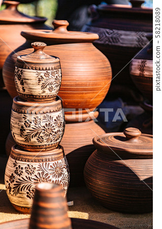 Hand made ceramic pottery on autumn open fair Hand made ceramic pottery on autumn open fair 58218089
