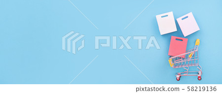 Shopping anniversary flat blue background Shopping Cart flat lay shopping Shopping anniversary flat blue background Shopping Cart flat lay shopping 58219136