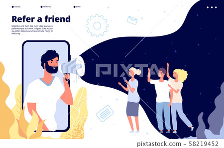 Refer a friend. People shouting on megaphone with refer a friend word, friends recommend landing 58219452