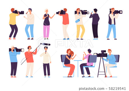 Journalists. Broadcaster news journalists broadcasting camera crew cameraman tv studio interview 58219541