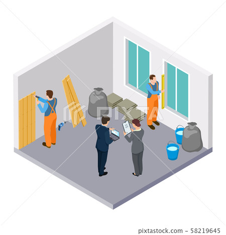 Isometric construction workers, room repair isometric vector illustration 58219645