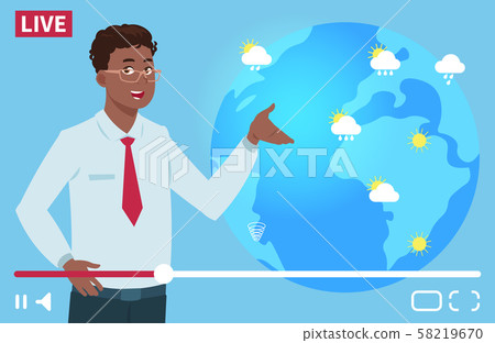 Man anchorman wheather channel vector illustration. Worldwide weather forecast concept Man anchorman wheather channel vector illustration. Worldwide weather forecast concept 58219670