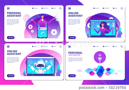 Vector personal assistant, voice assistant, online robotic assistant landing page set Vector personal assistant, voice assistant, online robotic assistant landing page set 58219768