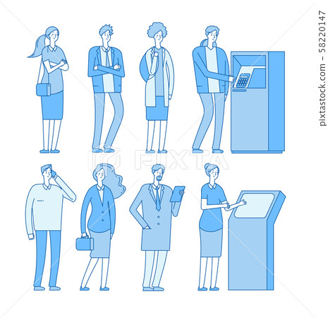 Queue atm. People in line to banking atm cash withdrawal money payment. Woman man with debit credit 58220147