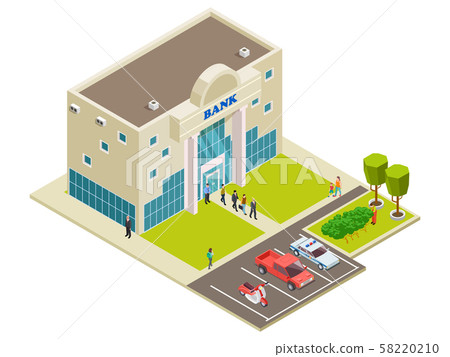 Isometric vector bank location with people, cars and security Isometric vector bank location with people, cars and security 58220210